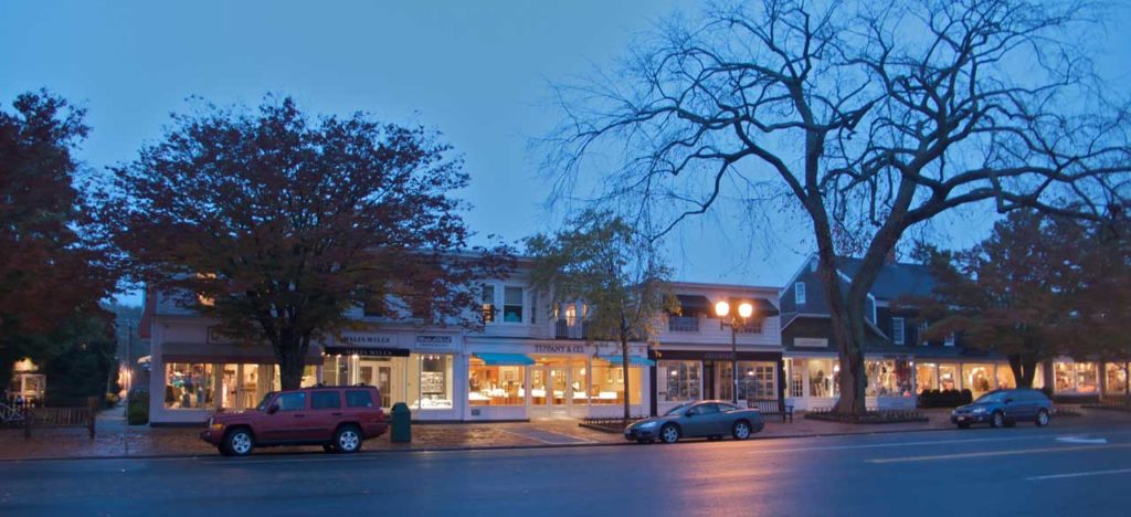 East Hampton Main Street Shops in the Evening
