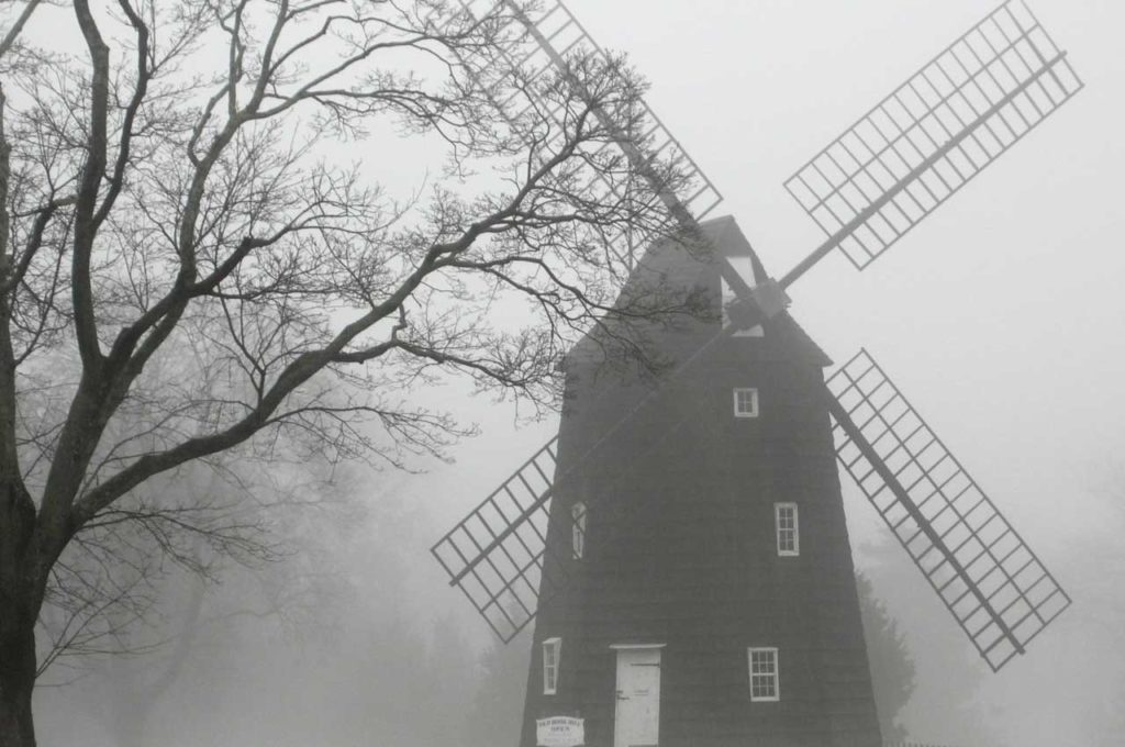 B&W Photograph of the Old Hook Mill in the Fog, by Sylvia Muller